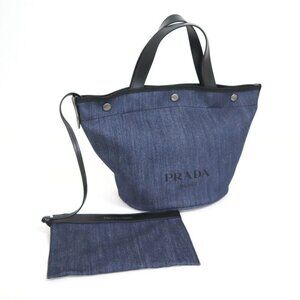 Prada Tote Denim Leather Silver Blue Black